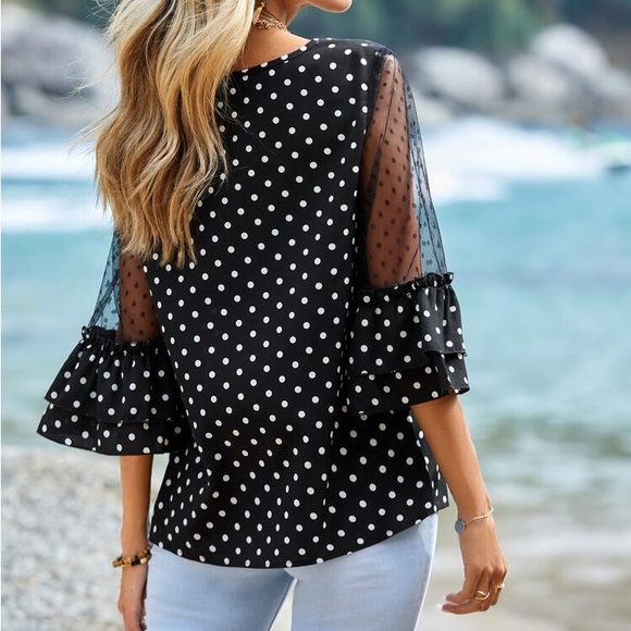 Boho Plus Size Top Sheer Mesh Swiss Dot Lace Ruffle Sleeve Blouse Shirt Black - Picture 3 of 6